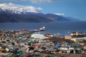A view of Ushuaia, Tierra del Fuego. Boats line the harbor in Ushuaia, southernmost city in the world and the leading port for Antarctic